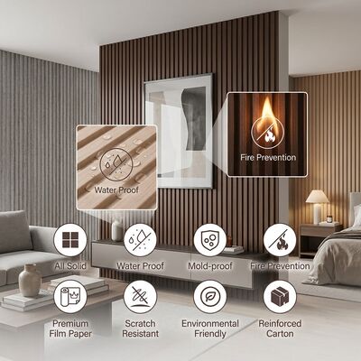 Diseño estriado de grano de madera interior moderno del panel de pared de WPC para la sala de estar y el dormitorio